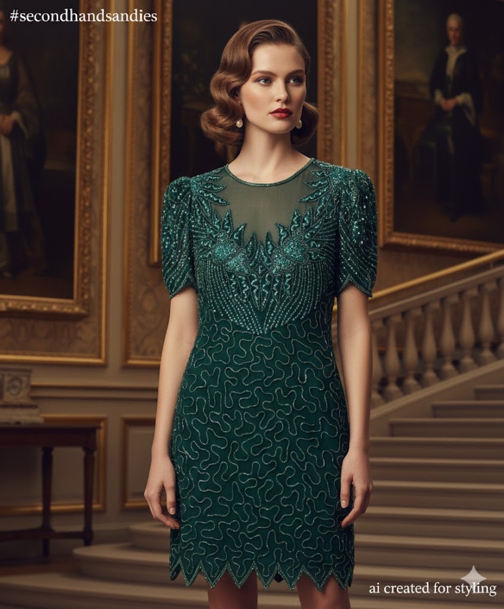 Vintage Denise Elle Sequin Beaded Scalloped Hem Sheath Dress Emerald Green Large